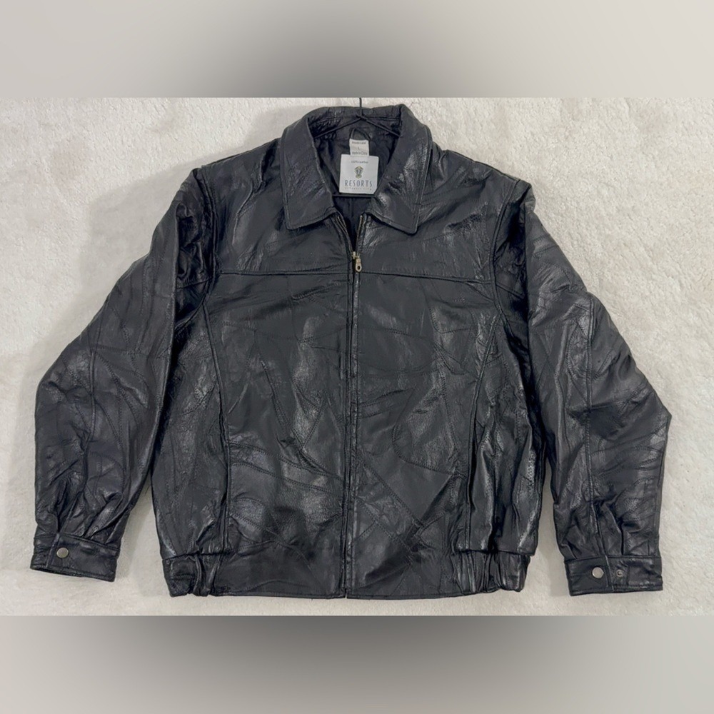 Vintage Resorts Atlantic City Casino Black Leather Jacket Patchwork Zip Bomber
